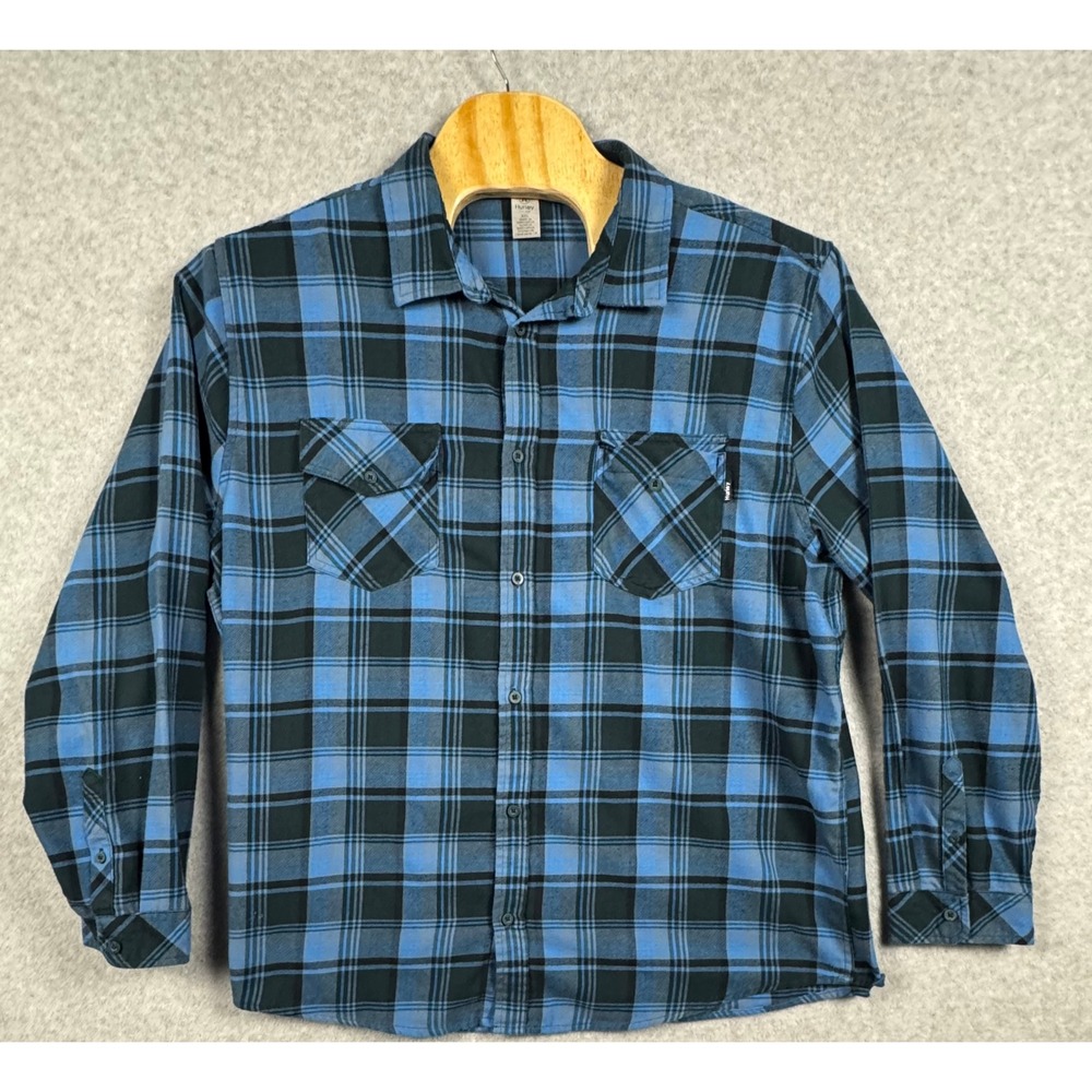 Hurley Flannel Shirt Mens XXL Blue Plaid Excellent Long Sleeve Button Up